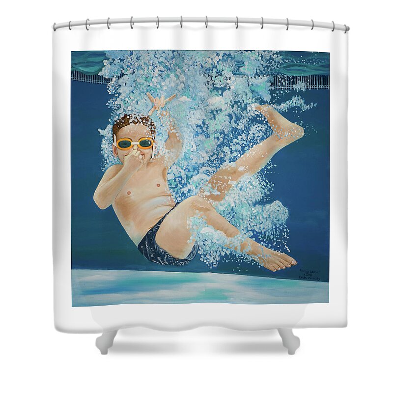 Swimming Pool Shower Curtain featuring the painting Hang Loose Boy Underwater Swimming Painting by Linda Queally by Linda Queally