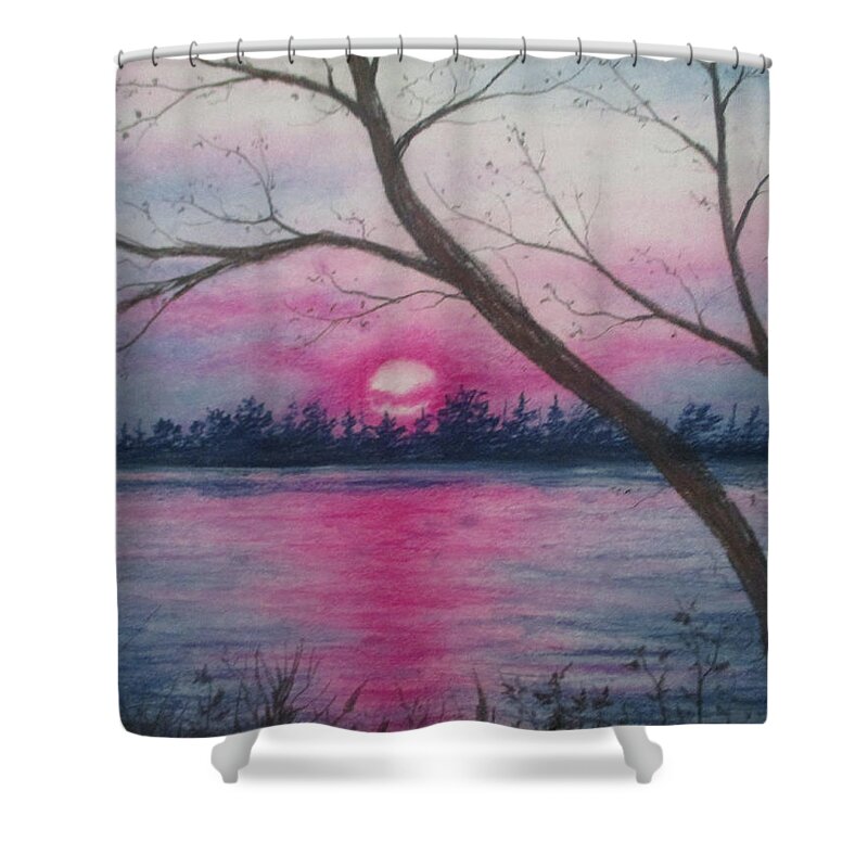 Pink Sunset Shower Curtain featuring the painting Hanging Hearts by Jen Shearer