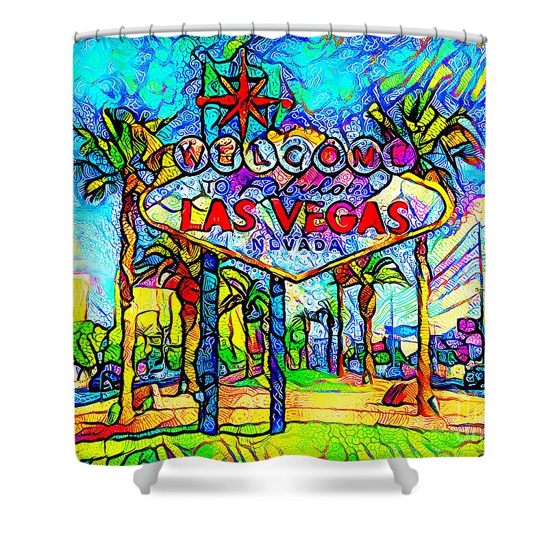 Wingsdomain Shower Curtain featuring the photograph Happy Cheerful Contemporary Las Vegas What Happens Here Stays Here 20200829 by Wingsdomain Art and Photography