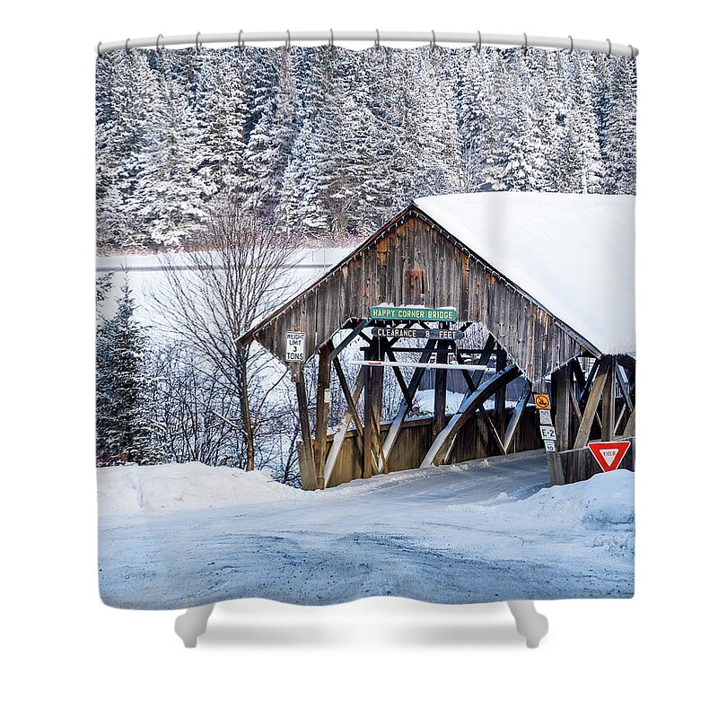 Covered Shower Curtain featuring the photograph Happy Corner Covered Bridge Vertical - Pittsburg, New Hampshire by John Rowe
