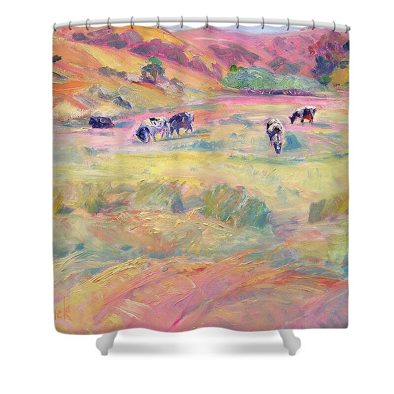 Cow Shower Curtain featuring the painting Happy Cows, Tomales Bay by John McCormick