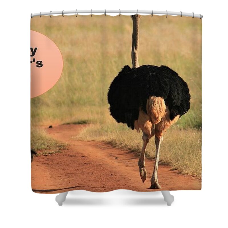 Father's Day Shower Curtain featuring the mixed media Happy Fathers Day Ostrich Family by Nancy Ayanna Wyatt
