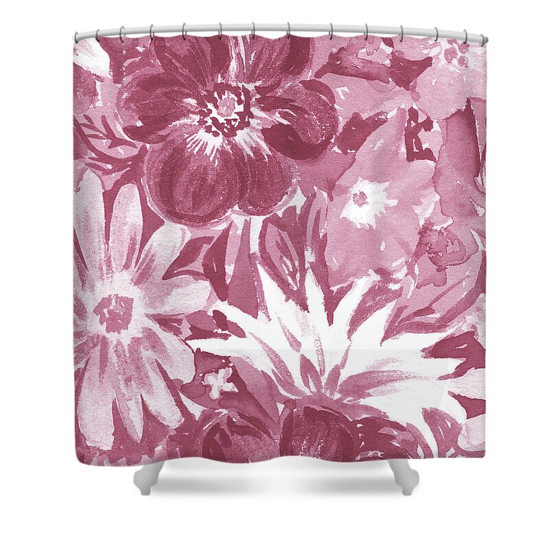 Abstract Flowers Shower Curtain featuring the painting Happy Fresh Soft Dusty Pink Abstract Watercolor Flower Garden Floral Art IV by Irina Sztukowski
