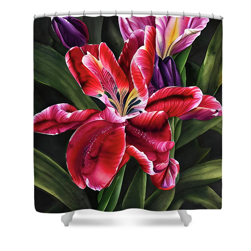 Tulips Shower Curtain featuring the digital art Happy garden tulips by Tatiana Travelways
