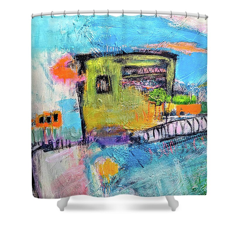 Home Abstract Shower Curtain featuring the mixed media Sweet Home by Haleh Mahbod