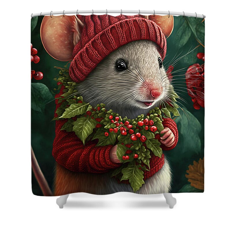 #faaadwordsbest Shower Curtain featuring the painting Happy Little Christmas Mouse by Tina LeCour