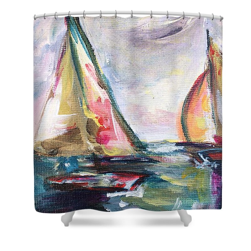 Abstract Boats Shower Curtain featuring the painting Happy Sails by Roxy Rich