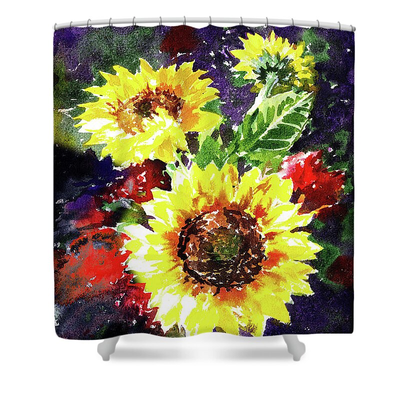 Sunflowers Shower Curtain featuring the painting Happy Splash Of Watercolor Sunflowers by Irina Sztukowski