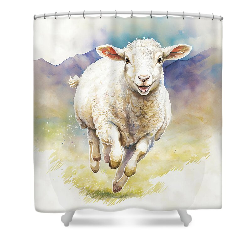 Sheep Shower Curtain featuring the digital art Happy Watercolor Sheep in Spring 01 by Matthias Hauser
