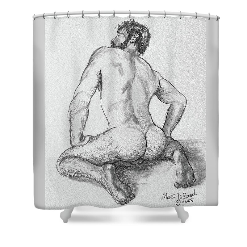 Nude Male Shower Curtain featuring the drawing Harry Bottoms by Marc DeBauch
