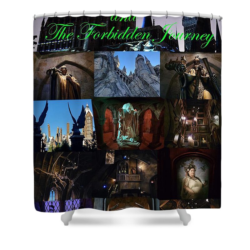 Hogwarts School Of Witchcraft And Wizardry Shower Curtain featuring the mixed media Harry Potter forbidden journey poster green text by David Lee Thompson