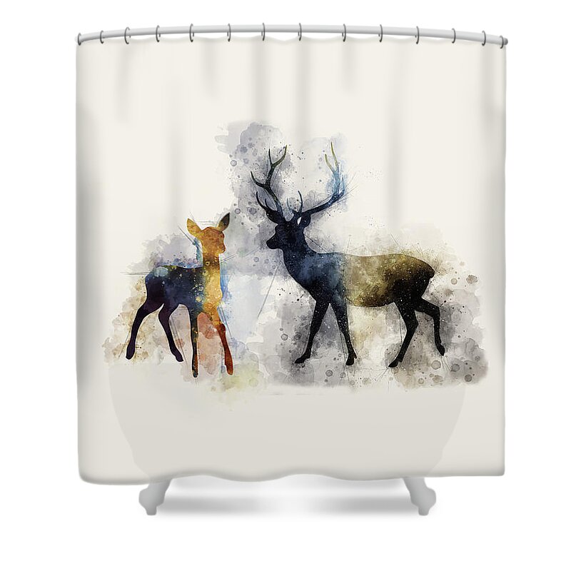 Harry Potter Shower Curtain featuring the painting Harry Potter Patronus Stag and Deer Watercolor by Ink Well