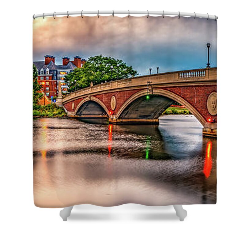 Harvard University Shower Curtain featuring the photograph Harvard's Weeks Footbridge Over The Charles River Panorama by Gregory Ballos