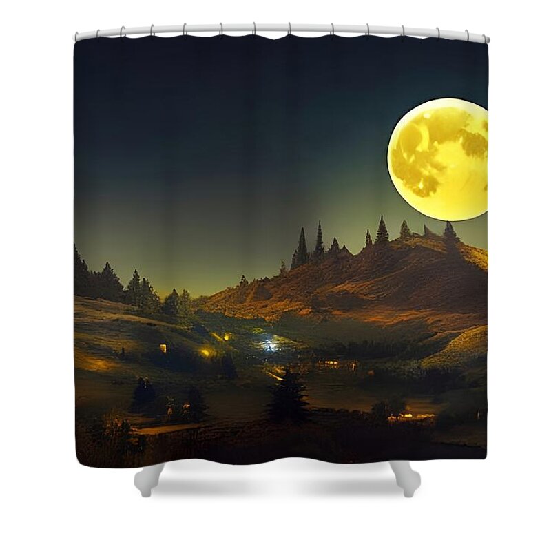 Digital Shower Curtain featuring the digital art Harvest Moon Over Farm by Beverly Read