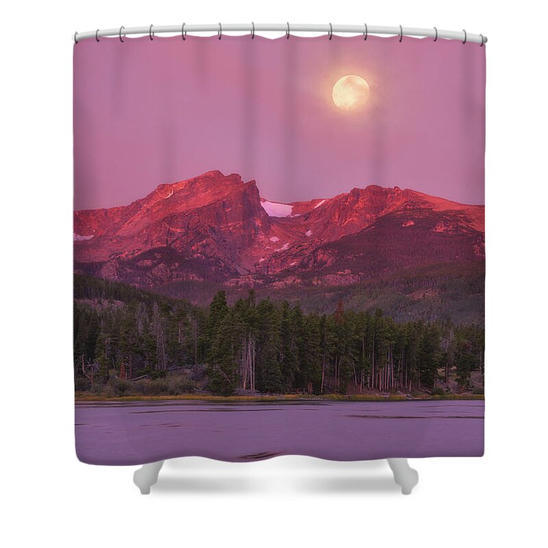 Moon Shower Curtain featuring the photograph Harvest Moon Over Hallett Peak by Darren White