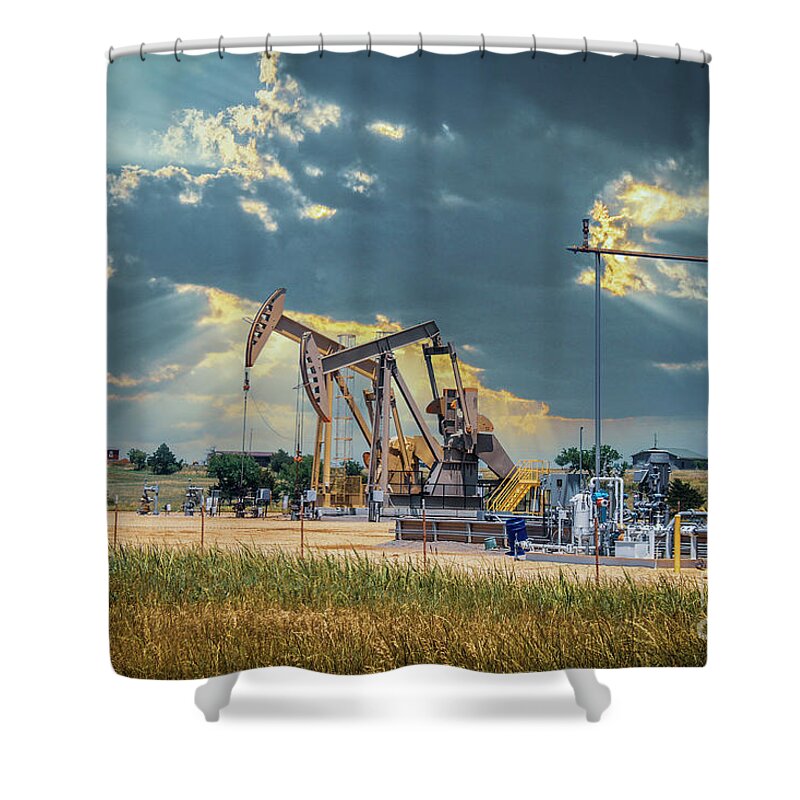 Tanks Shower Curtain featuring the photograph Harvesting Oil by Susan Vineyard