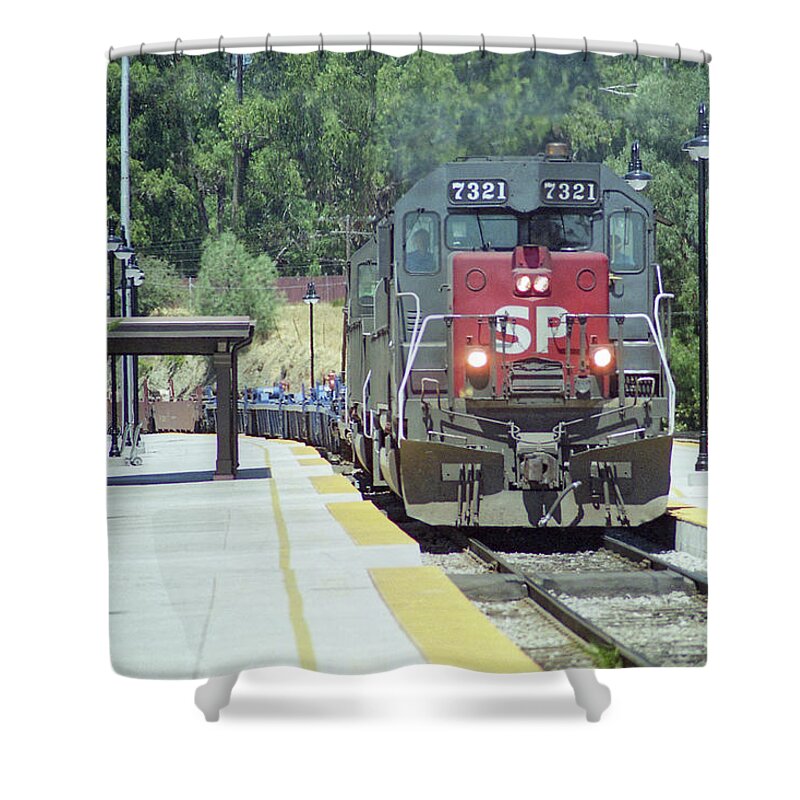 Haulin' A Whole Lot O' Nothin' Shower Curtain featuring the photograph Haulin' a Whole Lot o' Nothin' -- Southern Pacific SD40R Locomotive in San Luis Obispo, California by Darin Volpe