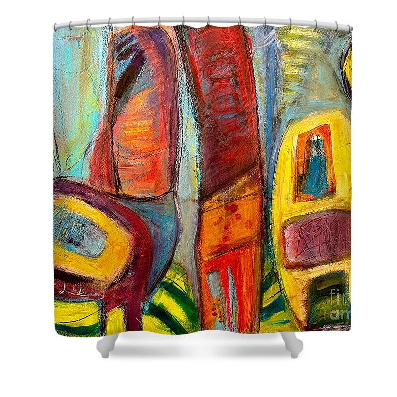  Shower Curtain featuring the mixed media Have A Seat by Val Zee McCune