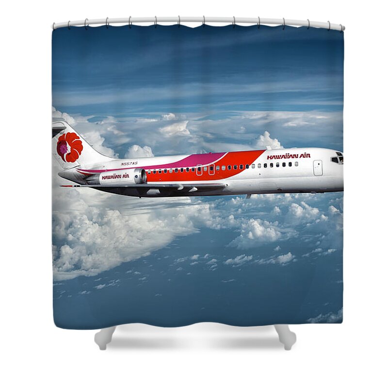 Hawaiian Airlines Shower Curtain featuring the mixed media Hawaiian Airlines DC-9 Among the Clouds by Erik Simonsen
