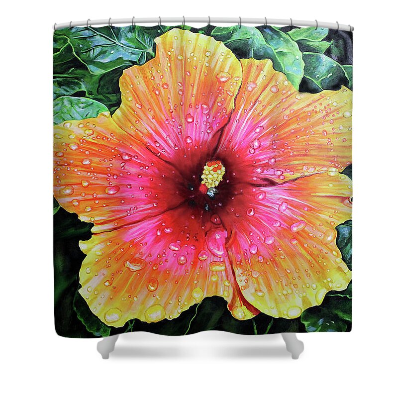 Hibiscus Shower Curtain featuring the painting Hawaiian Sunset Hibiscus with Raindrops by Karl Wagner