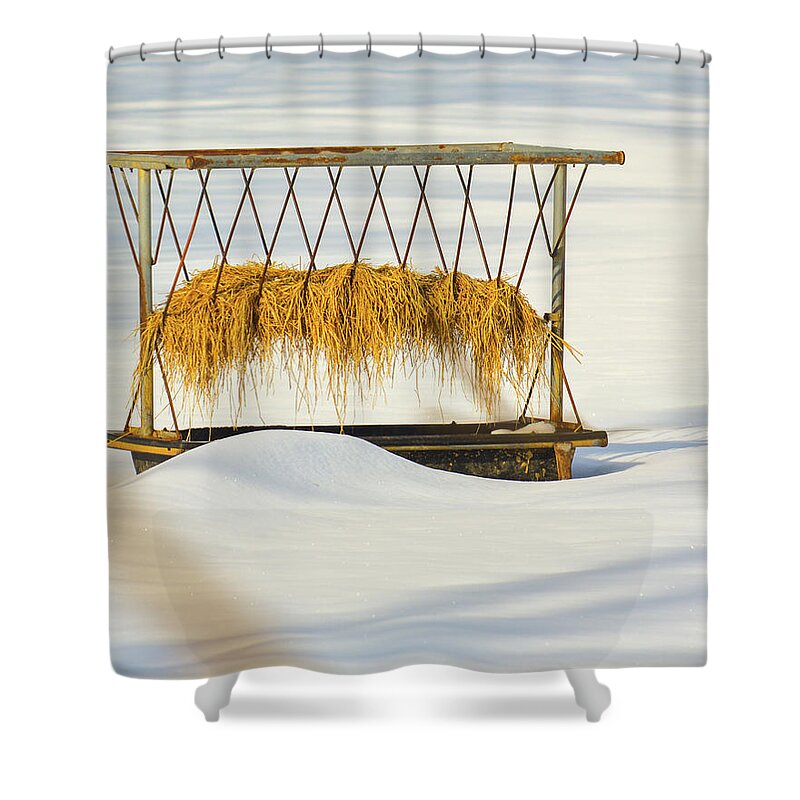 Snow Shower Curtain featuring the photograph Hay Feeder in Snow by Tana Reiff