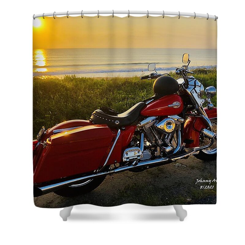 Harley Davidson Flagler Beach Florida Usa Shower Curtain featuring the photograph HD Sunrise Flagler Beach by John Anderson