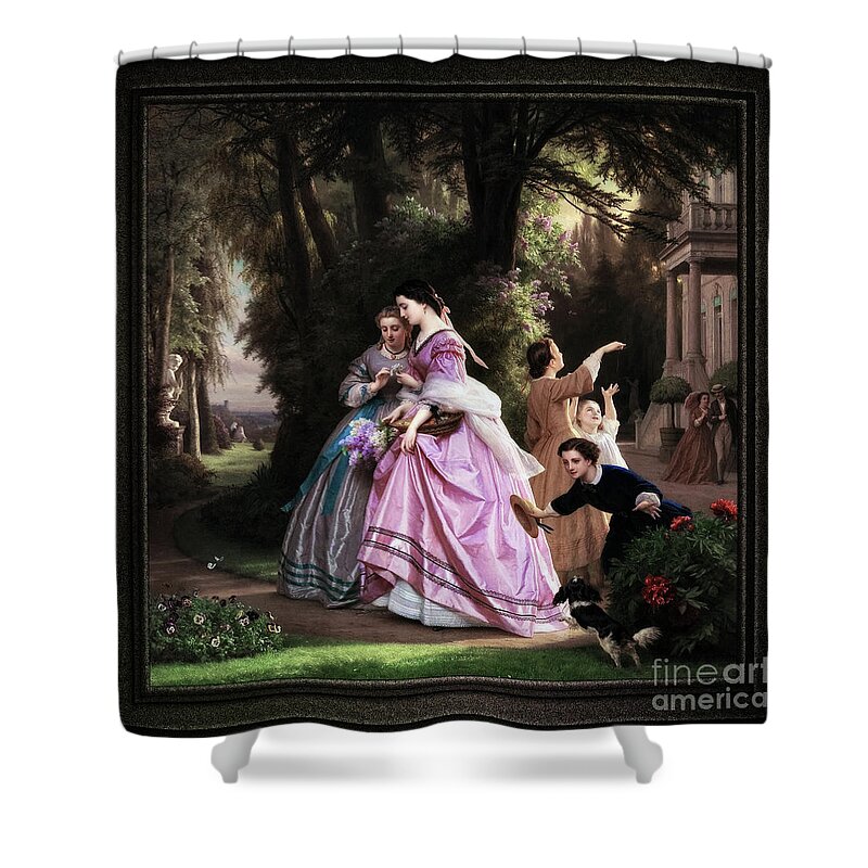 He Loves Me Shower Curtain featuring the painting He Loves Me, He Loves Me Not by Josephus Laurentius Dyckmans Classical Art Old Masters Reproduction by Rolando Burbon