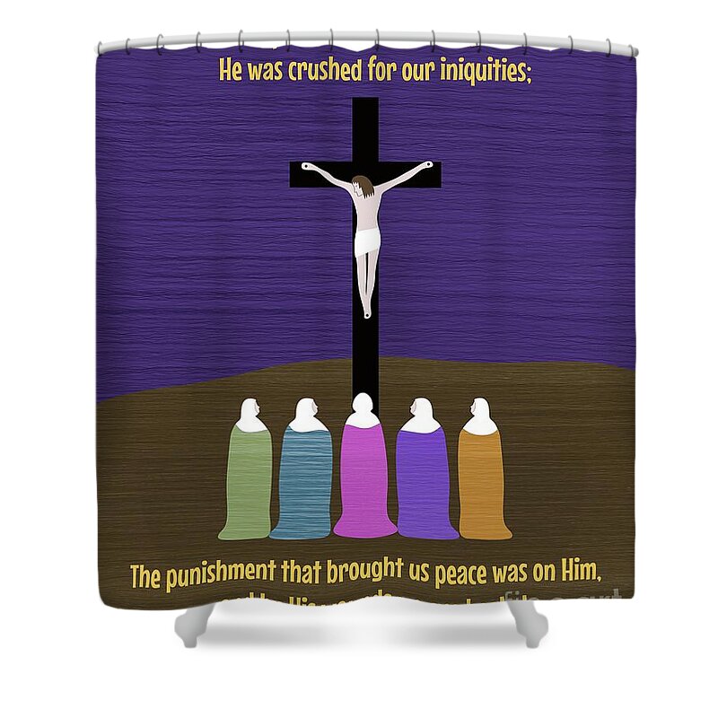 Christian Art Shower Curtain featuring the mixed media He Was Pierced for Our Transgressions by Donna Mibus