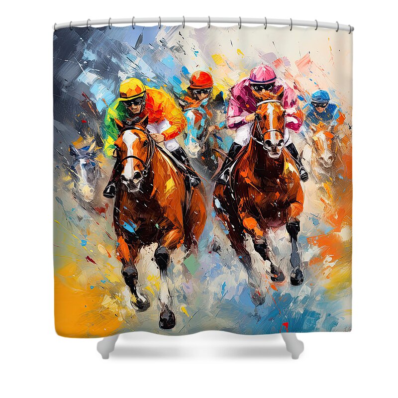 Horse Racing Shower Curtain featuring the painting Head to Head by Lourry Legarde