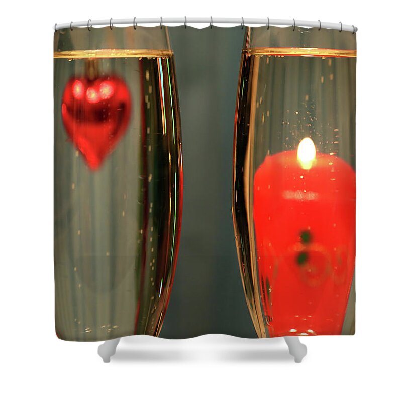 Champagne Shower Curtain featuring the photograph Heart And Candle In Glasses With Champagne by Mikhail Kokhanchikov