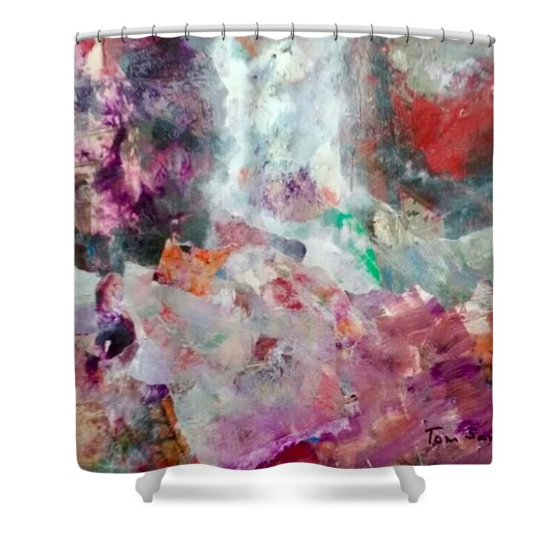 Acrylic Collage Abstract Heart Fire Shower Curtain featuring the mixed media Heart on Fire by Thomas Santosusso