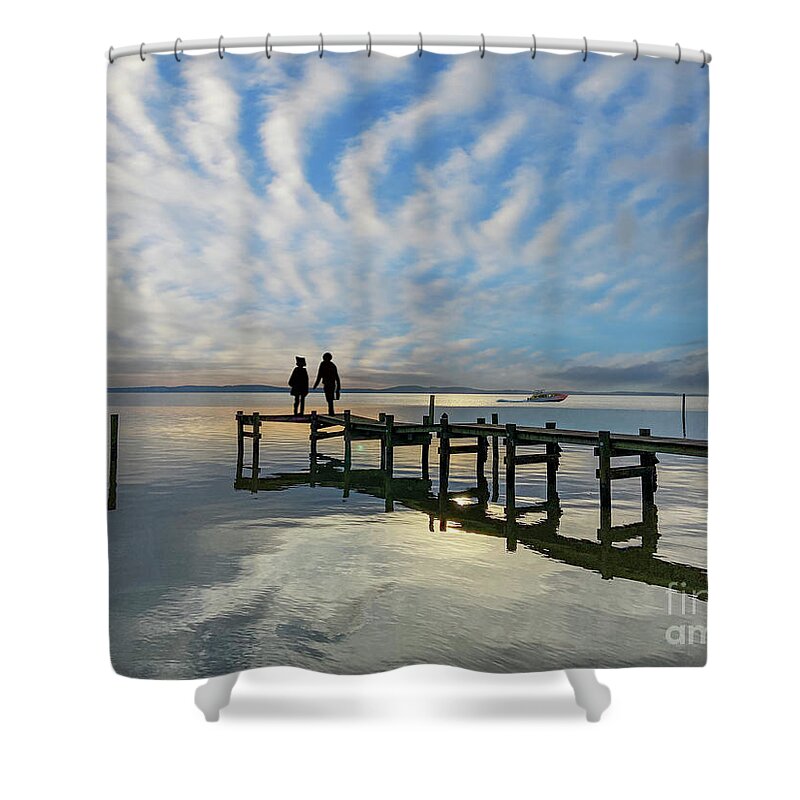 Heavenly Perception And Earthly. Wooden Pier Over Water A Surrealistic Adventure Shower Curtain featuring the photograph Heavenly Perception by David Zanzinger