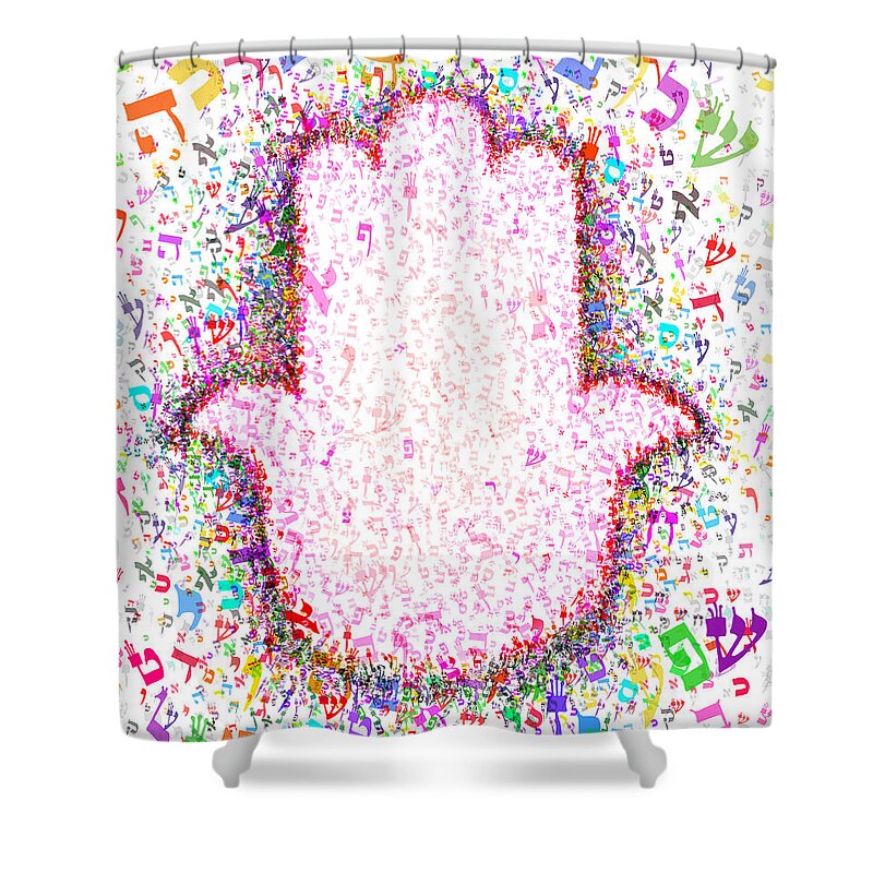 Hamsa Shower Curtain featuring the painting Hebrew Hamsa by Yom Tov Blumenthal