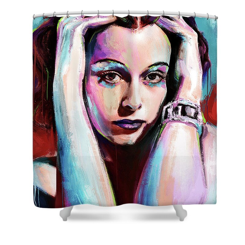 Hedy Lamarr Shower Curtain featuring the painting Hedy Lamarr painting by Movie World Posters