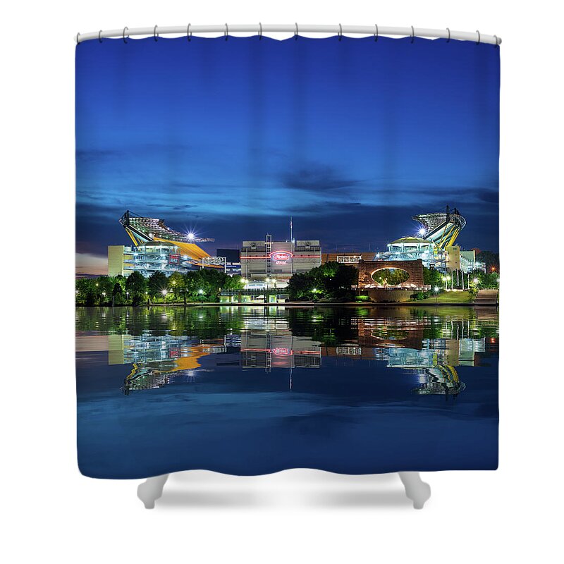 Heinz Field Shower Curtain featuring the photograph Heinz Field sports arena at night in reflection by Steven Heap