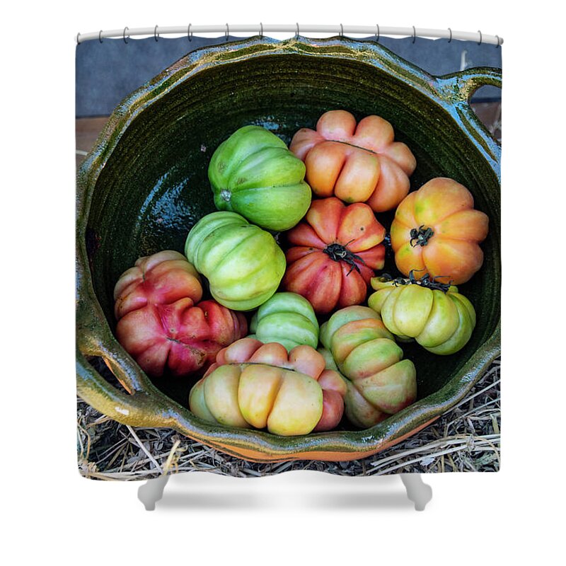 Heirloom Tomatoes Shower Curtain featuring the photograph Heirloom Tomatoes by William Scott Koenig