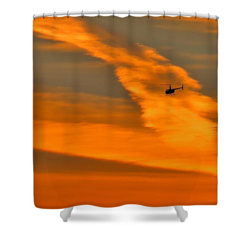 Helicopter Shower Curtain featuring the photograph Helicopter Approaching at Sunset by Linda Stern