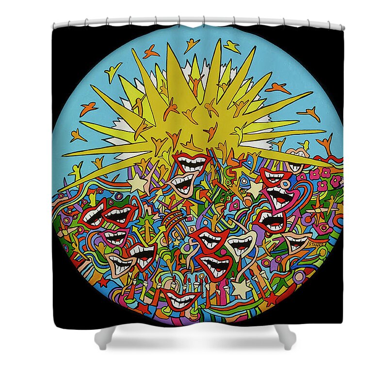 Sunshine Happy Faces Summer Shower Curtain featuring the painting Hello Sunshine by Mike Stanko