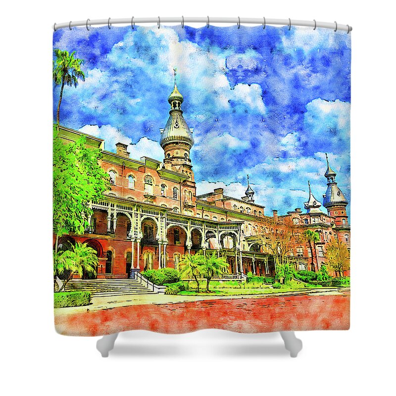 Henry B. Plant Museum Shower Curtain featuring the digital art Henry B. Plant Museum in Tampa, Florida - pen and watercolor by Nicko Prints