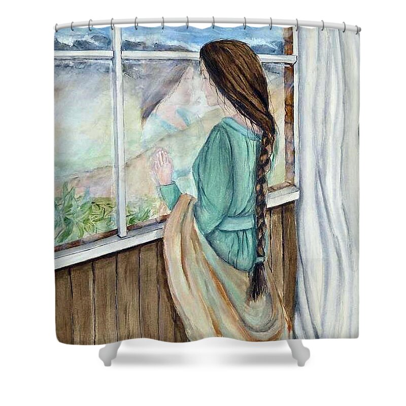 Young Girl Shower Curtain featuring the painting Her Dreams Are Out There by Kelly Mills