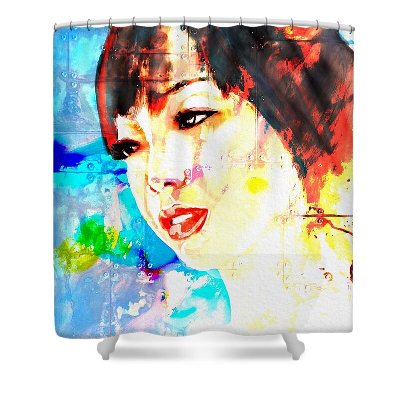 Portrait Shower Curtain featuring the digital art Her Face In The Morning by Michael Kallstrom