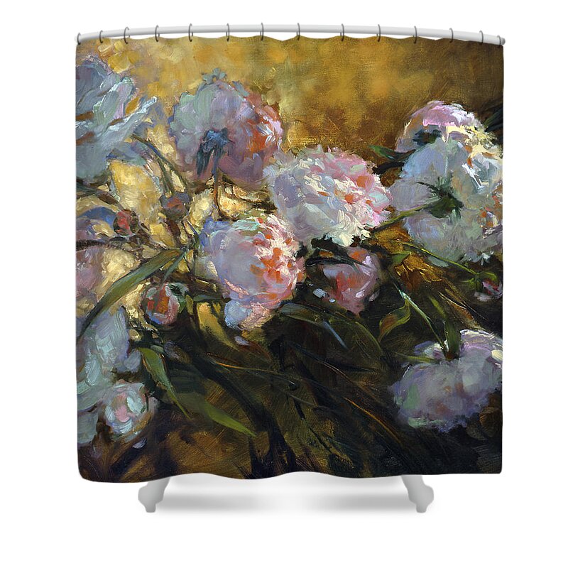 Peonies Shower Curtain featuring the painting Her Favorite Flowers by Susan Blackwood