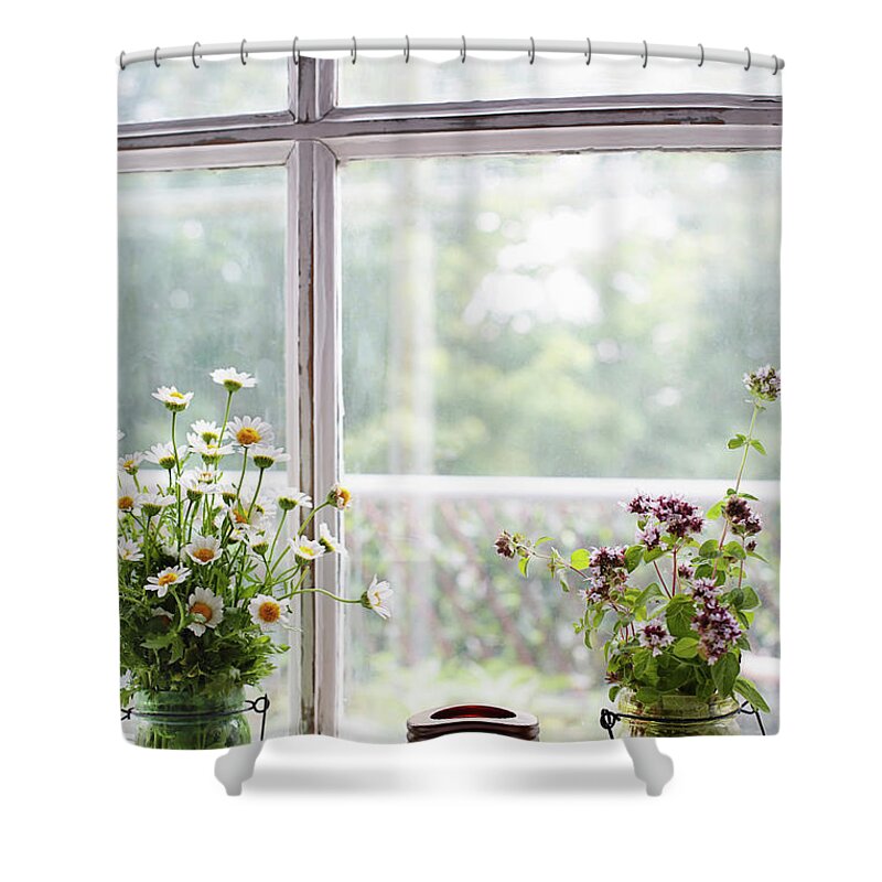 Background Shower Curtain featuring the photograph Herbs and flowers with lantern on window sill by Sandra Cunningham