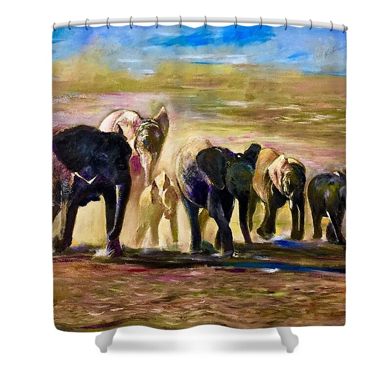 Elephant Shower Curtain featuring the painting Herd of giant by Khalid Saeed