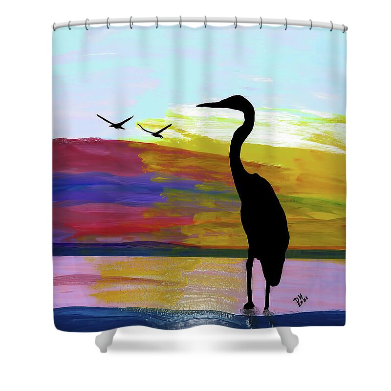Sunset Shower Curtain featuring the painting Heron On The Lake Sunset by D Hackett