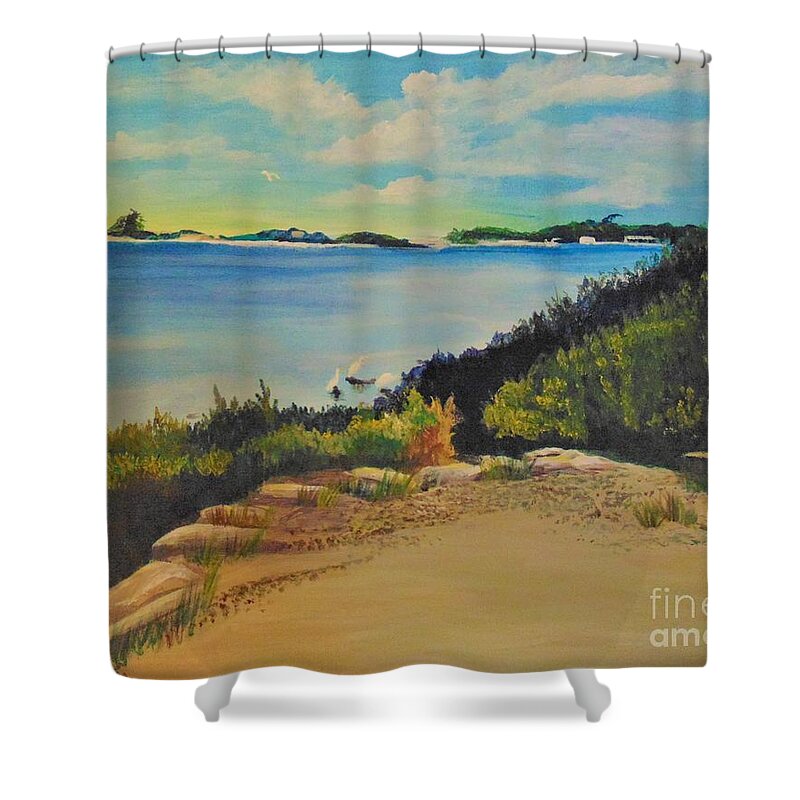 Landscape Shower Curtain featuring the painting Herons at Waterfront Park by Saundra Johnson