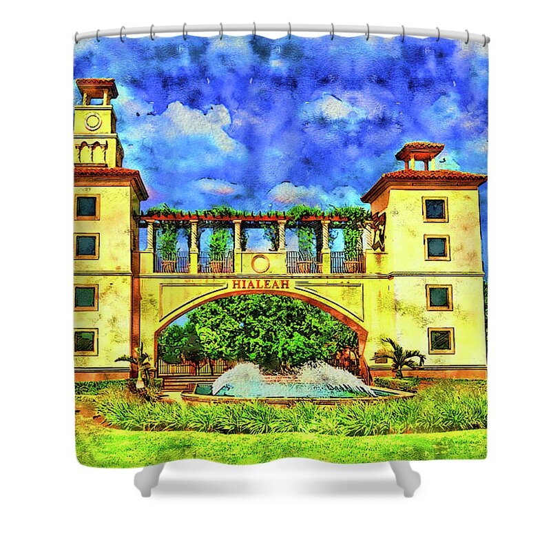 Hialeah Fountain Shower Curtain featuring the digital art Hialeah Fountain and Entrance Plaza Park - pen and watercolor by Nicko Prints