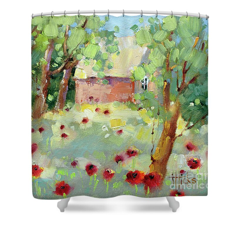 Impressionism Shower Curtain featuring the painting Hidden Cottage Poppies by Joyce Hicks