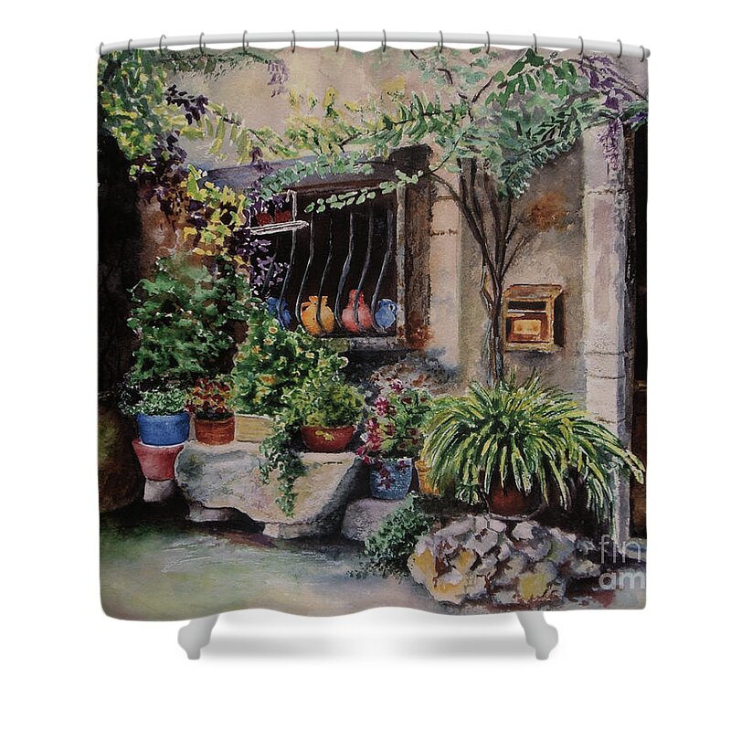 Courtyard Shower Curtain featuring the painting Hidden Courtyard by Karen Fleschler