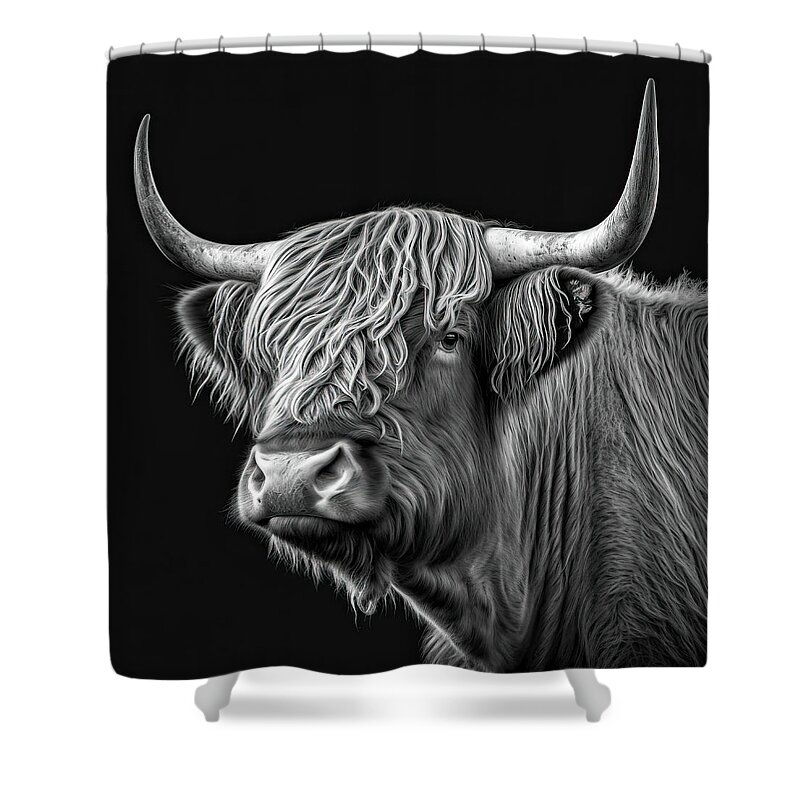 Bull Shower Curtain featuring the digital art Highland Cattle Portrait 03 Black and White by Matthias Hauser